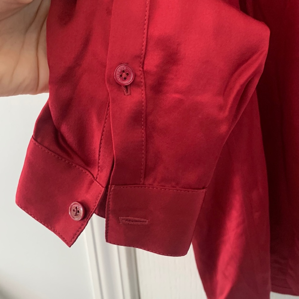 Women's Satin Button-Up Blouse - Red - Picture 7 of 14